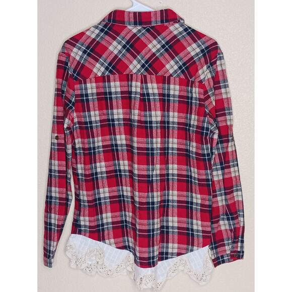 Jodifl Womens Small Red White Y2K Lace Trim Long Sleeve Plaid Button Up Shirt - Picture 6 of 9